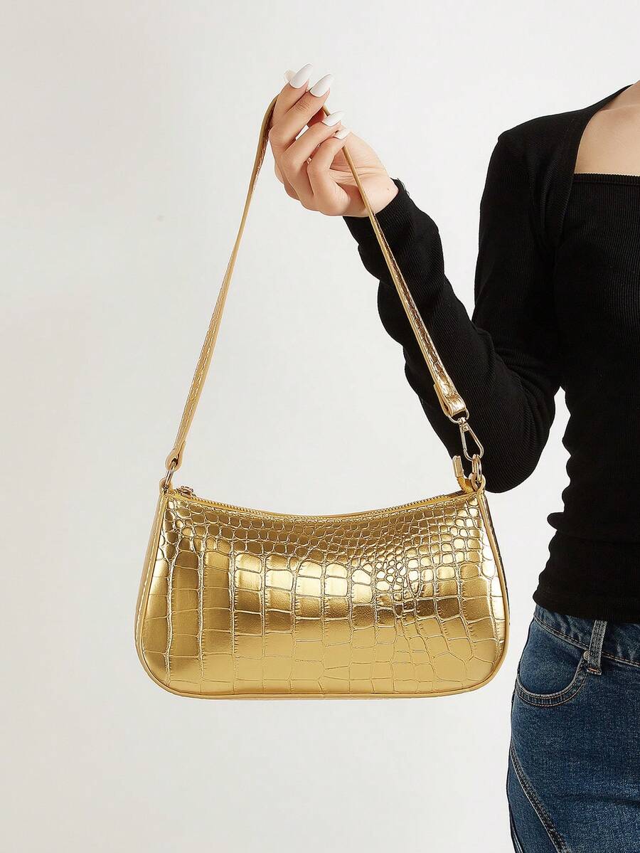 Women's Fashionable Crocodile Embossed Underarm Bag For Daily Use - Gold - View 1