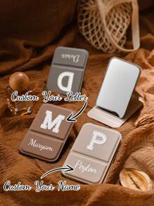 1Pc Personalization Makeup Mirror,Portable Embroidered Pearl Letters Makeup Mirror, Pu Leather Small Mirror, Foldable, Travel Mirror, Suitable For Gifts, Travel Necessities, Makeup Necessities, Suitable For Traveling, Also Suitable For Home Use Makeup, Suitable For Bridesmaids, Graduation Season Boutique Gifts.