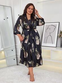 1pc Plus Size Women Floral Print Elegant Loose Belted Robe, Comfortable Fabric Sleepwear Suitable For Overweight/Obese Group, Suitable For Spring, Summer, Autumn, Winter Home/Sleep Use ,Vacation