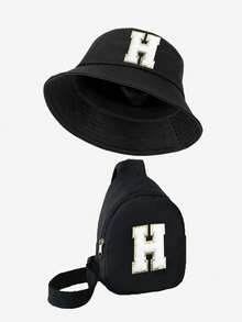 2pcs/Set Kids Letter Print Bucket Hat And Shoulder Crossbody Bag, Stylish And Minimalist, Suitable For Boys And Girls Outdoor Wear, Spring/Summer - Black - View 28