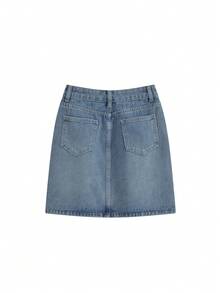 休闲洗水牛仔 A 字迷你裙，春夏 - 藍色 - 查看 3