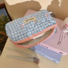 1pc SML Korean Style Plaid Bow Makeup Bag, Large Capacity Portable Travel Toiletry Organizer