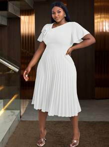 Plus Size Ladies Asymmetrical Neck Elegant Ruffled Sleeve Pleated A-Line Skirt, Commute, Graduation, Church,Graduation Outfit