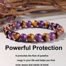 1 Stück 8mm Natürlicher Tiger-Auge Stein Armband, Gelber Tiger-Auge & Amethyst Perlen Elastik Armband, Mehrzweck-Armband für Herren und Damen