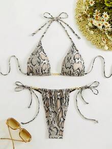 LUCKY HOLIDAY Fashionable Sexy Summer Beach Tie-Up Triangle Bikini Set With Leopard Print & Metal Chain Decor - Snake Pattern - View 3