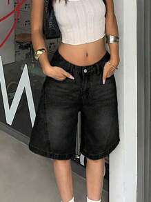 Shorts vaqueros de mujer de verano tipo bermuda de largo hasta la rodilla, con bolsillos sesgados, estilo vintage desteñido con efecto "bigote de gato", de corte recto y holgado para uso diario