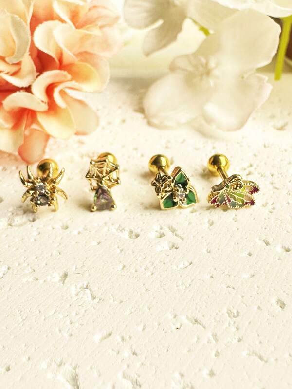1pc Elegant Copper Alloy Gold Plated Stud Earrings, Green Flower Drop Oil Earrings, Spider With Colorful Zirconia Stud Earrings, Spider Web With Colorful Teardrop Zirconia Stud Earrings, Wings Drop Oil Enamel Earrings For Goddess & Fashionista, Suitable For Red Client