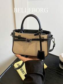 Casual Colorblock Textured Versatile Commuter Vintage Canvas Strap Buckle Women's Small Handheld Square Bag - Black - View 2