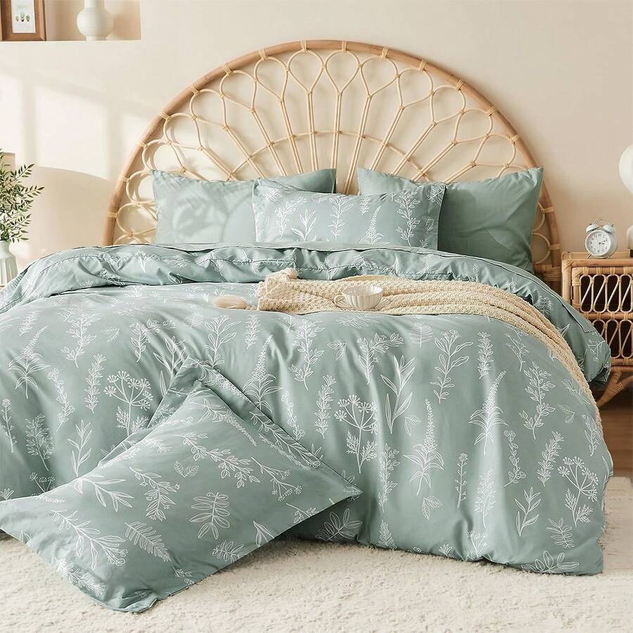 Duvet Cover King Size, Reversible Floral Lavender Duvet Cover Set With Zipper Closure, 3 Pieces Botanical Patterns Soft Microfiber Bedding Set (90"X104", 2 Pillow Cases 20"*36") - 01 - 綠葉(無被子) - 查看 1