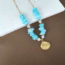 1pc Stainless Steel Gold-Color Chain Natural Stone Beaded Necklace, Suitable For Women Traveling And Vacation Wear