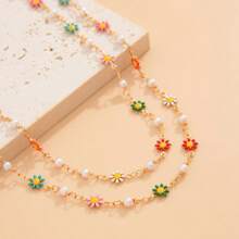 1 pièce Délicat Collier en forme de Y à fleurs de marguerites colorées, Jolie Chaîne de clavicule en métal 3D