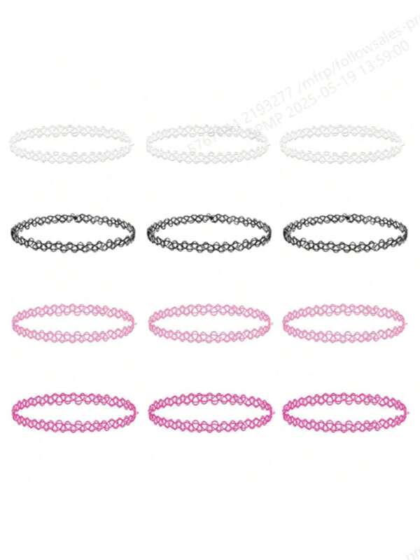 12 pièces Ensemble de colliers ras-du-cou élastiques en dentelle pour femmes, colliers ras-du-cou gothiques sexy funky noirs, roses, blancs et colorés - bijoux polyvalents à porter au quotidien pour toutes les saisons - cadeau parfait pour la Sweetest Day, Halloween, Noël