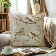 1 buc. Față de pernă decorativă cu model vintage de păsări și crengi florale, material moale din catifea piersică, imprimare pe o singură față, 45 * 45 cm / 50 * 50 cm, potrivită pentru casă, dormitor, sufragerie, canapea, cadou