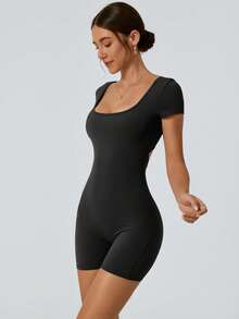 NcmRyu 1 件女式无缝弹力运动连体衣 - 黑色 - 查看 7