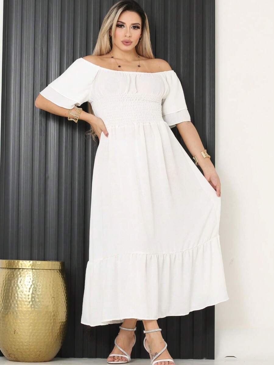 Vestido midi tres marias ciganinha ombro a obro lastex franzido tecido duna - Branco - Visão 1