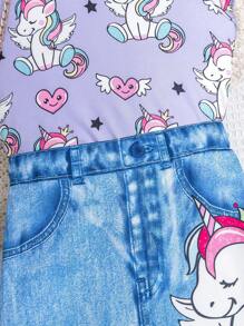 2 peças/Conjunto Camiseta de Manga Curta com Estampa de Unicórnio Adorável Tricotada e Saia de Denim com Estampa de Unicórnio para Meninas Jovens, Primavera/Verão