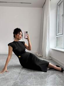 Women's Rose Gold Metal Buckle Waist Fitted Dress