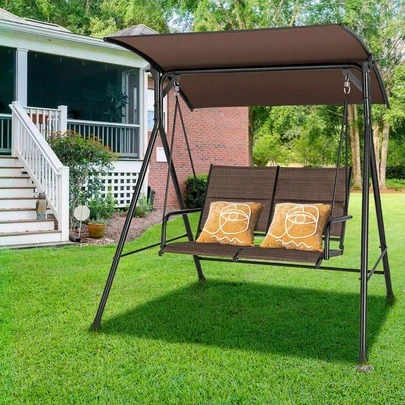  GOFLAME 2 Seat Outdoor Porch Swing, Swing Glider With Spring Hook, Soft Cushions, Foot Pad, Curved Handrails, Outdoor Swing For Porch, Yard, Patio, Garden, Balcony, Backyard