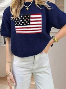 Women's American Flag Short-Sleeved Top Crew Neck Loose Knit Jumper Independence Day Jumper
