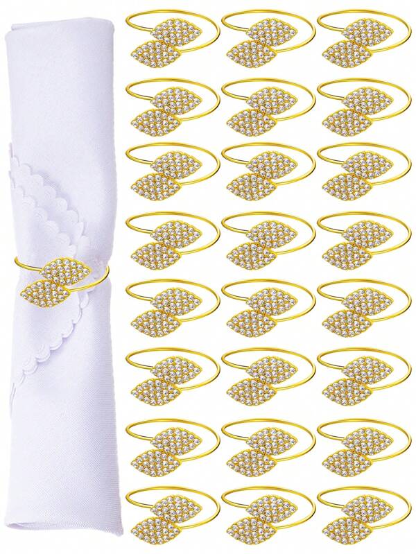4-12pcs Simple Rhinestone Leaf Napkin Rings For Thanksgiving, Christmas, Party Decor, Dining Table, Daily Gathering, Loose Napkin Holders