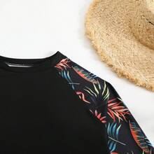 Women's Long Sleeve Surfing Set, 2 Piece Surf Suit, Wetsuit, Contrast Colors And Tropical Prints For Summer Beach Vacation, 2 Piece Surf Top Set With Tropical Plant Print And Raglan Sleeve For Women, Women's Long Sleeve Rashguard Set In Contrast Colors And Tropical Print For Summer Beach Vacation,Women's Surfwear - 黑色 - 查看 6