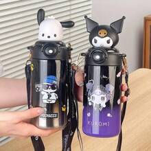 Sanrio 1 Stück Hello Kitty 316 rostfreier Stahl Isolier-Wasserflasche 600ml auslaufsicher mit Strohhalm & Riemen, süßer Buchstabendruck Reise-Trinkbecher für Frauen, Weihnachten Halloween Thanksgiving Geschenk, Urlaubsgeschenk | Charakter-Themen-Trinkflasche
