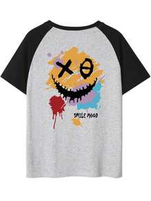 日式纯棉休闲女式圆领拼色卡通印花短袖T恤，百搭春夏季 - 深灰色 - 查看 3