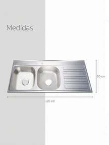 Panel de fregadero de acero inoxidable con doble tina. El escurridor del lado derecho facilita el drenaje de utensilios. Tiene tres agujeros para griferías y accesorios, y se instala rápidamente sin complicaciones. - Unitalla - Ver 3