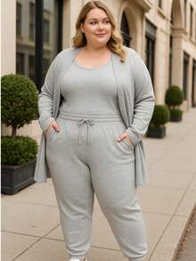 Plus Size 3 Piece Wool Set Cardigan Tank Top Pants Simple Casual Elegant - Gris - View 2