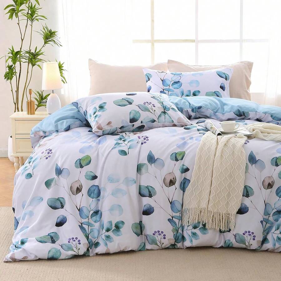 Duvet Cover King Size, Reversible Floral Lavender Duvet Cover Set With Zipper Closure, 3 Pieces Botanical Patterns Soft Microfiber Bedding Set (90"X104", 2 Pillow Cases 20"*36") - 04 - 藍色花朵(無被子) - 查看 1