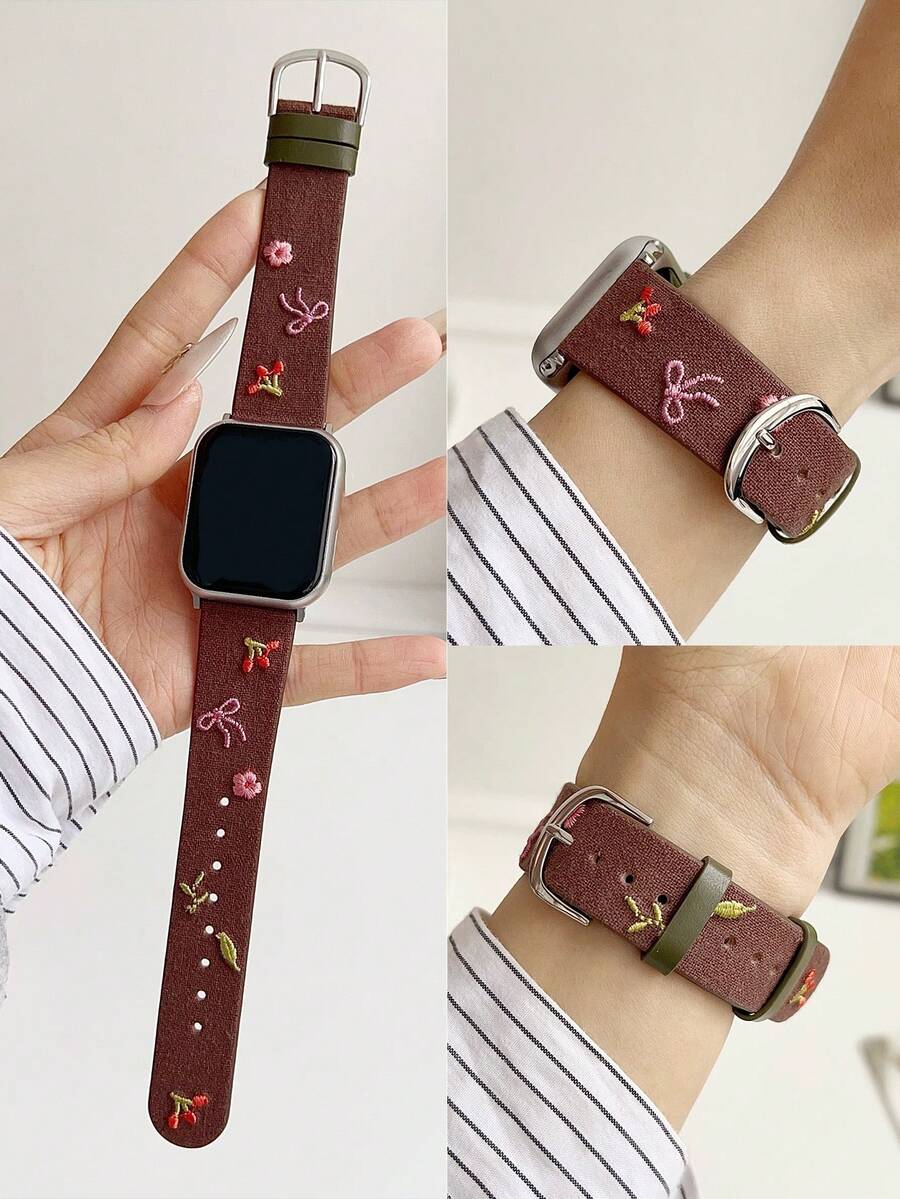 1件女款粉色蝴蝶結與櫻花刺繡PU皮革手錶錶帶,適用於Apple Watch 38/40/41/42/44/45/49/(S10 42)/(S10 46)mm,兼容S10/Ultra/SE/9/8/7/6/5/4/3/2/1機型,時尚可愛,INS風格,智慧手錶錶帶,母親節/日常/派對禮物 - 煙紫色 - 查看 1