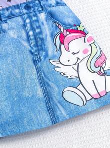 2 peças/Conjunto Camiseta de Manga Curta com Estampa de Unicórnio Adorável Tricotada e Saia de Denim com Estampa de Unicórnio para Meninas Jovens, Primavera/Verão