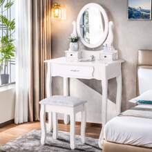 Set da toeletta bianco con sgabello, toeletta moderna con sgabello e specchio, con cassetti, tavolo in legno e sgabello imbottito per camera da letto, bagno