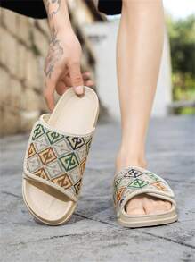 Men's Fashion Print Beige Flip Flops, Casual Outdoor Indoor Slippers For Summer