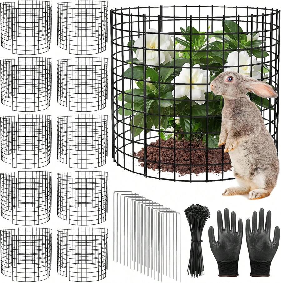 15 PCS Round Plant Protector From Animals, 5 Pack 12'' X 12'' Metal Plant Cages,Mesh Plant Cage Garden Plant Protector, Sturdy Bunny Barricades Chicken Wire Cloche Plant Protectors - 黑色 - 查看 1