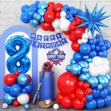 Decoraciones para fiesta de cumpleaños de deportes/béisbol: Arcos de globos en azul marino, rojo y blanco, globos de número 32" en azul marino, guirnaldas de borlas, apropiado para decoraciones de fiesta de cumpleaños con tema de béisbol