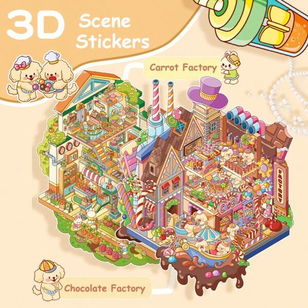 3D Miniature Scene Stickers, DIY House Stickers For Bunny Carrot Factory, Puppy Chocolate Factory, Cute 3D Cartoon Sticker Scenes For Adult Kids Relief Stress Pass The Time
