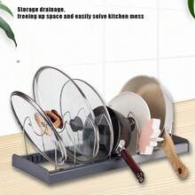 1pc Adjustable Expandable Pot And Pan Organizers Rack With Compartments, Kitchen Cabinet Pantry Bakeware Organizer Rack Holder For Pans And Pots Lid - Grey - View 8