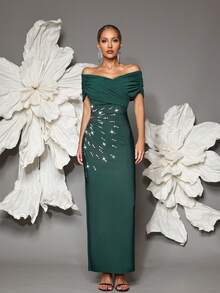 Off-Shoulder Handmade Beaded Bodycon Bandage Dress, Sexy & Fitted, Suitable For Family Gatherings, Parties, Formal Events - Dark Green - View 1