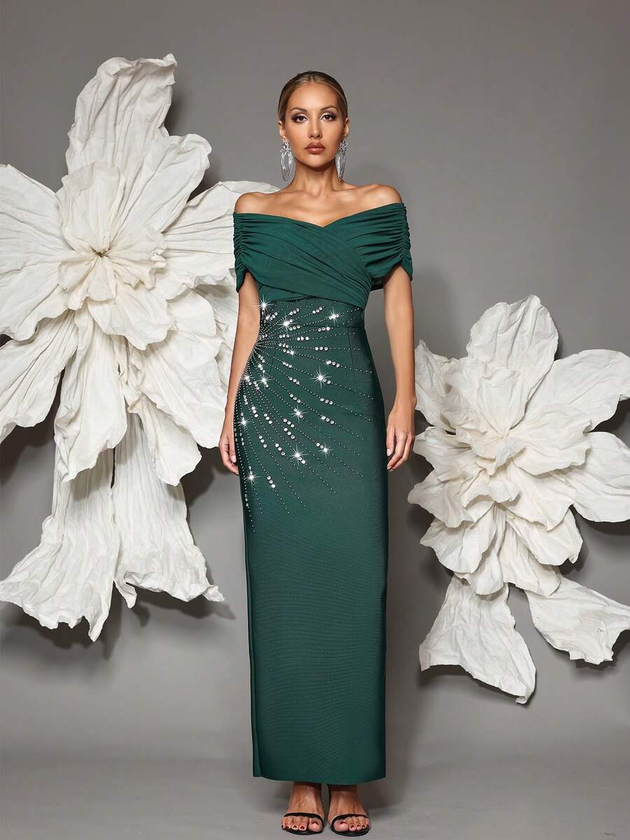 Off-Shoulder Handmade Beaded Bodycon Bandage Dress, Sexy & Fitted, Suitable For Family Gatherings, Parties, Formal Events - Dark Green - View 1