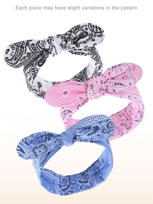 3Pieces Bandana Headband For Girls Paisley(Random Pattern) Hair Bandanas Boho Bow Headbands Elastic Knot Rabbit Ear Head Wrap Cute Hair Accessories For Girls