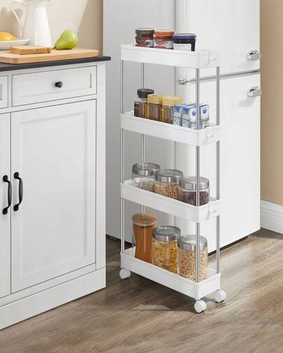 Carrello Portaoggetti a 4 Livelli, Carrello con Ruote, Carrello da Cucina Salvaspazio in Bagno Ufficio, 14,4 x 42 x 86 cm , Bianco Nuvola, Ritorno a Scuola