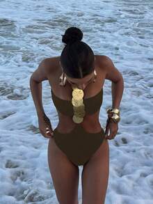 欧美风纯色性感女士连体吊带泳衣