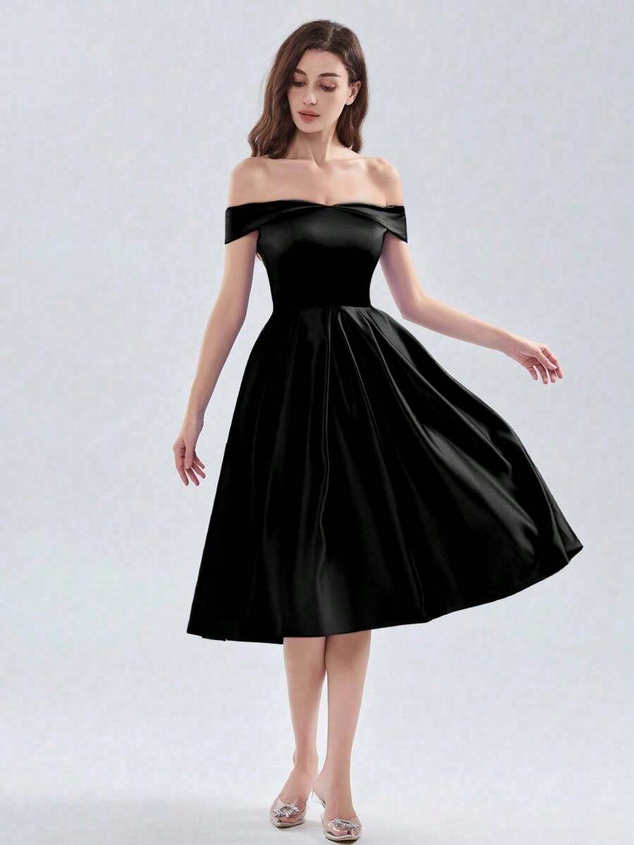 中长款舞会礼服 A 字型黑色鸡尾酒毕业礼服正式派对礼服露肩晚礼服，新娘 - 黑色 - 查看 1