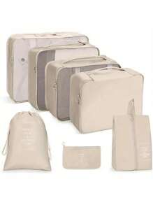 7/8 pièces Ensemble d'organisateur de voyage - Sacs de rangement multifonctionnels, sac à pinceaux de maquillage, sac à cosmétiques, sac à produits de soins de la peau, sac à vêtements, sacs à fermeture éclair, sac fourre-tout, sac à mailles, sac à chaussures, sac à bouteille, sac à cordon, sac général, sac à lingerie, organiseur de bagage, organiseur de bijoux, trousse de toilette. Grande capacité, portable, maille, gain de place, convient au rangement des vêtements, pantalons, sous-vêtements, cosmétiques, articles de toilette, chaussures, nécessités quotidiennes, organisation des voyages