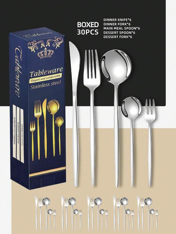 Stainless Steel Tableware Set With Gift Box - Elegant 30-Piece Western Flatware Set With Silver Finish, High Quality Table Knives, Table Forks, Soup Spoons And Teaspoons, Kitchen Utensils For Home, Kitchen, Hotel, Restaurant, Wedding, Cafe, Party, Christmas Gift, Gift Givings,School Supplies