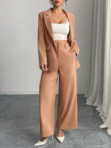 Women's Elegant Solid Color Blazer And Pants Set - Khaki - View 4