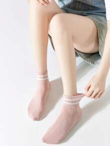 5双新款双条纹女士中筒袜