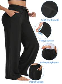 Calça feminina plus size, perna larga, reta, casual, com bolsos, cintura com cordão solto, 1 peça