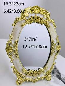 1pc 5*7inch Oval Plastic Decorative Mirror With European Carved Pattern, Minimalist Gold/Silver Tabletop Ornament - Multicolor - View 5